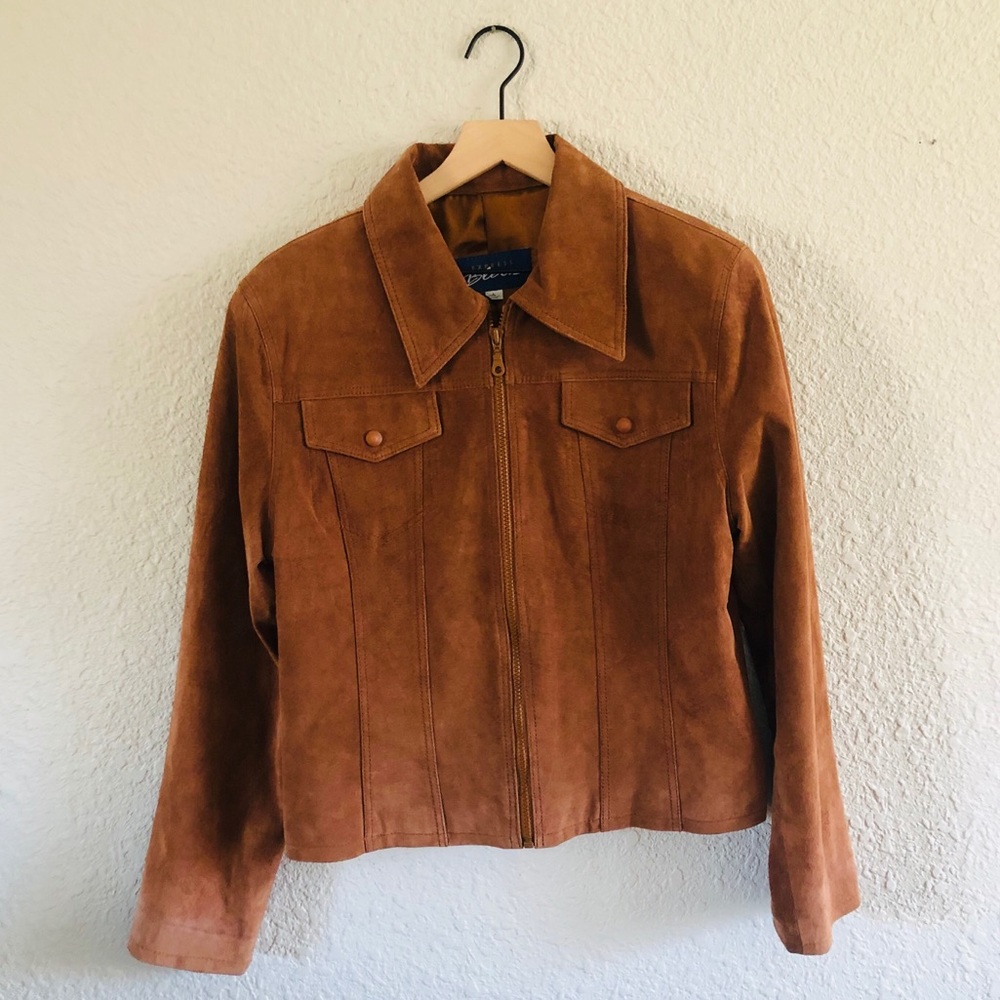 Camel Leather Pocket Front Zip Up Jacket